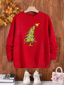 Girls' Christmas Tree Print Crew Neck Long Sleeve Casual Sweatshirt For Autumn/Winter