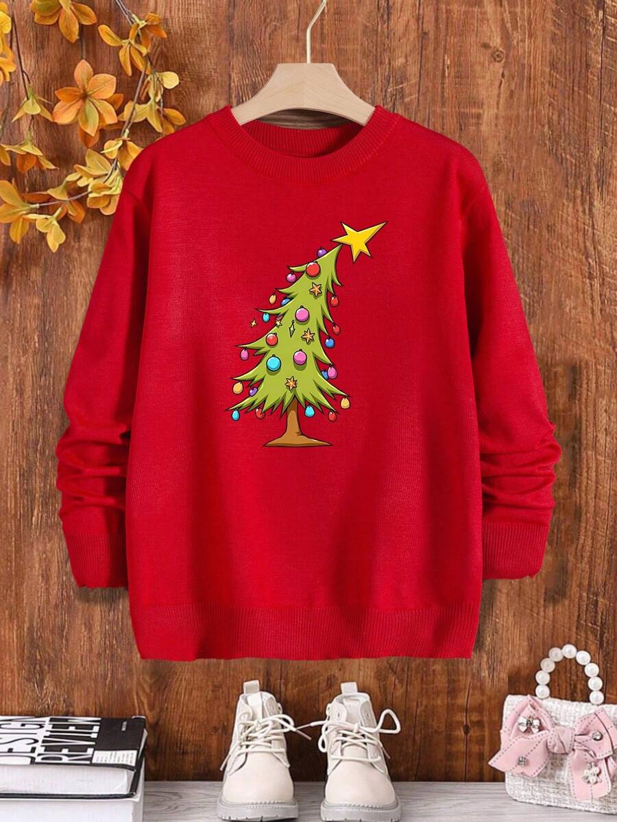 Girls' Christmas Tree Print Crew Neck Long Sleeve Casual Sweatshirt For Autumn/Winter