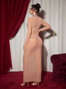 Nancy Grandelli 设计师女士透视粉色网眼 3D 花朵浪漫高开叉优雅性感长裙派对礼服，适合节日、生日服装、春季、节日、粉彩、婚礼、舞会礼服 - 粉色 - 查看 2