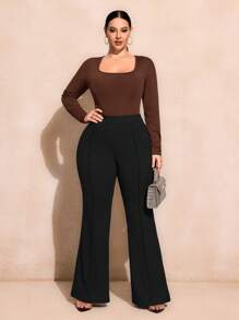 SHEIN SXY 大码女式方领长袖纯色休闲 T 恤紧身衣，秋季 - 巧克力棕 - 查看 6