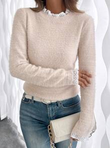 Pariaura 时尚甜美蕾丝领柔软蓬松仿貂毛套头毛衣，秋冬季长袖上衣，针织套头衫 - 杏色 - 查看 6