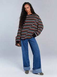 Athîral Women Casual Loose Fit Color Block Striped Print Drop Shoulder Long Sleeve T-Shirt, Spring/Autumn - Black - View 2