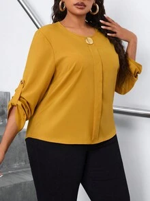 SHEIN PETITE CURVE 大码女式纯色圆领卷袖宽松衬衫 - 黃色 - 查看 4