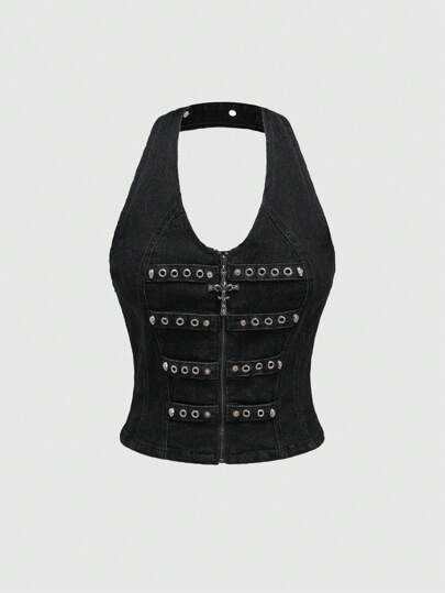 Grunge Punk Y2K Punk Sexy Cross Zipper Rivet Decor Denim Skinny Deep V Neck Halter Tank Top