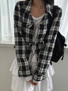 DAZY Women's Regular Collar Black & White Plaid Long Sleeve Bowknot Blouse, Spring/Summer/Autumn Cute Tops