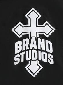 SHEIN Coolqubz 青少年男孩配套家庭装 - 宽松轻质超大十字图案印花黑色拉链短袖衬衫，休闲百搭 - 黑色 - 查看 4