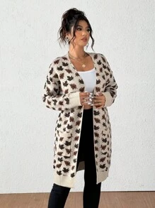 Flirla 大码女式枫叶印花双口袋开衫，长袖，冬季 - 彩色 - 查看 6