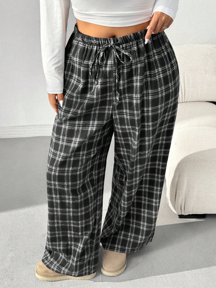 SHEIN EZwear Plus Size Cotton Drawstring Vintage Plaid Pants, Autumn & Winter