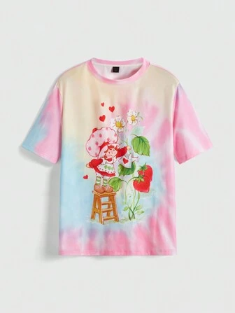 T-shirt à manches courtes avec graphique de dessin animé tie-dye, grande taille