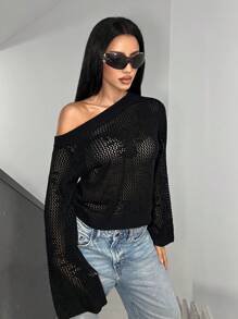 SHEIN Unity Maglione a maniche lunghe in maglia con stampa asimmetrica a teschio cavo, abbigliamento casual da donna per l'autunno e l'inverno - nero - Visualizzare 4