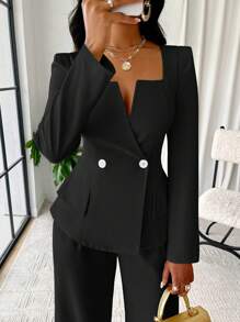 SOLERSUN Solid Color Square Neck Double Breasted Flap Detail Blazer - Black - View 3