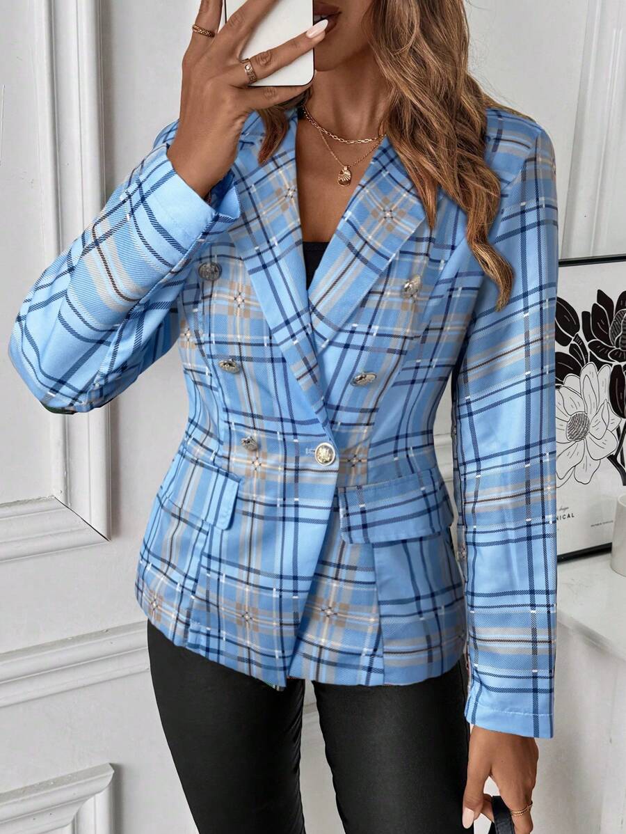 SHEIN Clasi Plaid Print Double-Breasted Elegant Long Sleeve Blazer