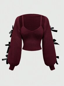 ROMWE Kawaii Set de 2 piezas de cubre y camiseta sin tirantes casuales para mujer con decoración de lazo y manga farol, versátil, apropiado para Año Nuevo y Día de San Valentín