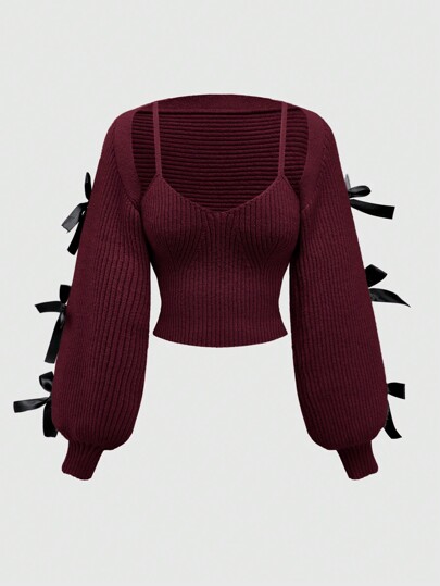 Kawaii 2pcs/Set Women's Casual Layered Bowknot Decor Lantern Sleeve Cover Up & Camisole Set, Versatile, Suitable For New Year, Valentine's Day