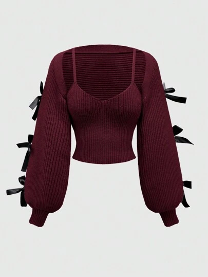 ROMWE Kawaii 新年和情人节休闲叠穿可爱蝴蝶结装饰女式灯笼袖罩衫披肩和吊带背心两件套，百搭