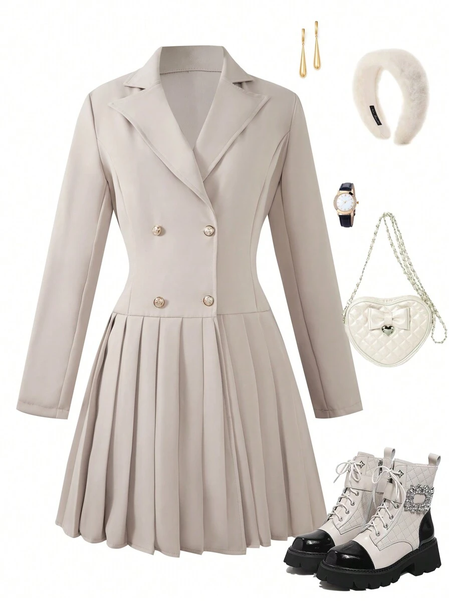 Pleated Dress, Commuting Style For Teenage Girls - Apricot - View 1