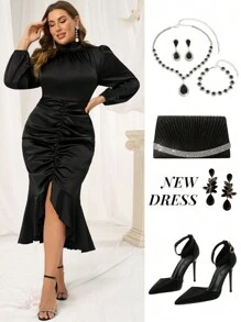 SHEIN Clasi Đầm dài tay thanh lịch cổ cao xếp nếp cỡ lớn xẻ cao đến đùi - màu đen - Xem 2