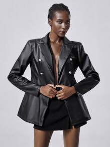 Chiquease Women Double-Breasted PU Leather Long Sleeve Blazer - Black - View 5