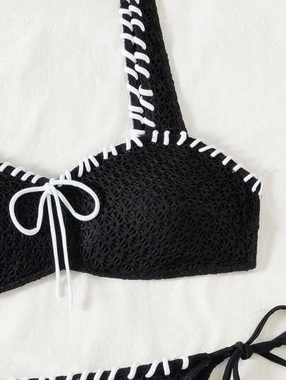 SHEIN Swim Women's Sexy Textured Black & White Fashionable Bowknot-Front Bikini Set Summer
