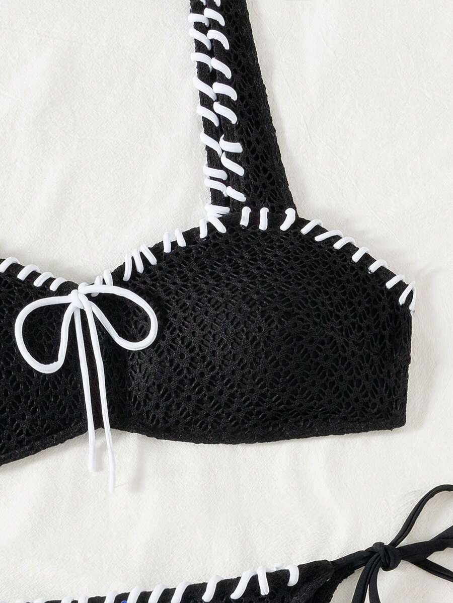 SHEIN Swim Women's Sexy Textured Black & White Fashionable Bowknot-Front Bikini Set Summer - Black and White - View 1