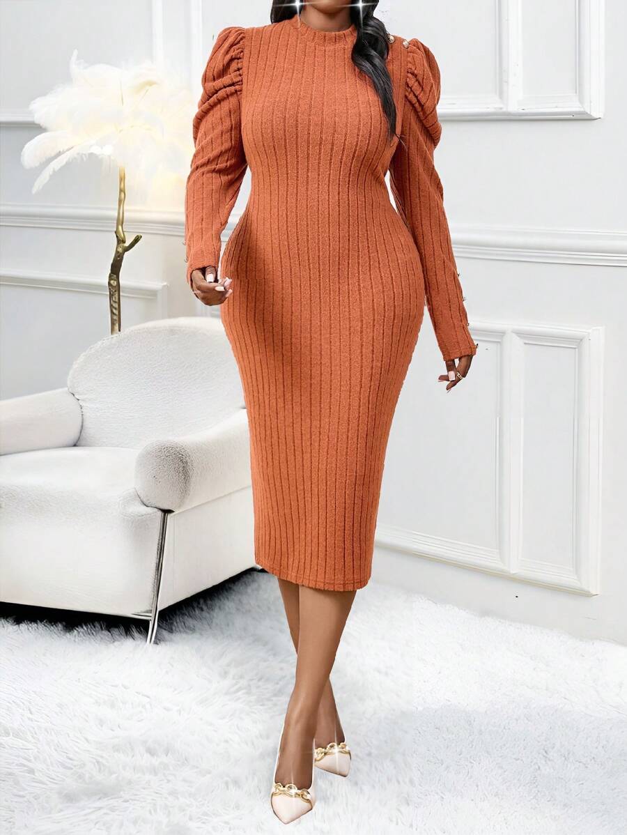 SHEIN Lady Vestido de manga larga elegante de talla grande negro para ocasiones especiales, atuendos de festival, vestido de Halloween, vestido largo de fiesta de color marrón, vestido de manga larga para el Día de Acción de Gracias, vestido de fiesta para días festivos