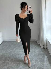Rafferiza Square Neck Puff Sleeve, Front Pleated, Waist Cinched Elegant Women Dress Maxi Women Outfit Fall Cloth For Women - Black - View 6