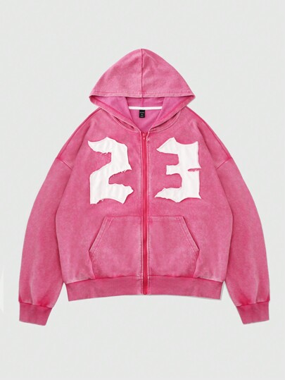 Street Life Men's Street Style Distressed Vintage Numeral Embroidered Zip-Up Hoodie