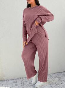 EURMUSE 2pcs Women Plus Size Casual Solid Color Round Neck Dropped Shoulder Long Sleeve Top & Pants Set, Autumn - Dusty Pink - View 4