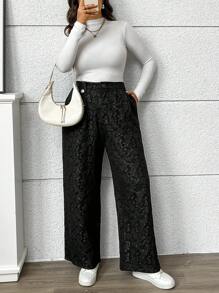Flirla Plus Size Women Jacquard Casual Loose Wide Leg Pants Fall Cloth For Women - Black - View 4