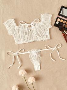 Tie Front Sheer Mesh Lingerie Set Bridallingerie - White - View 5