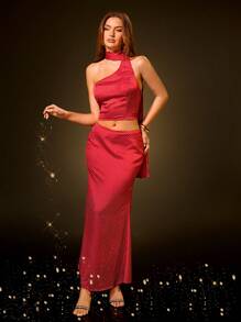 SHEIN SXY Elegant Retro Red Polka Dot 2 Pieces Set: Long Neck Tie Decoration & High Waist Mermaid Skirt, Suitable For Party, Gathering, Date