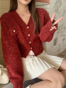 DAZY Women's Soft Casual V-Neck Long Sleeve Knitted Sweater,Fall Women Clothes Crop Women Tops