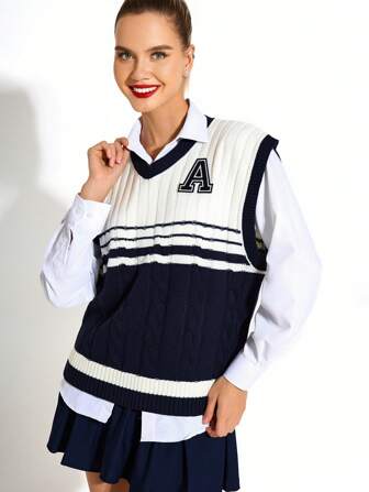 Cheerettes Donna Top canotta casual sportivo in maglia a patchwork blu navy, per scuola e uso quotidiano