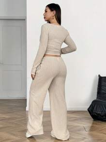 SHEIN Teen Girl's Autumn/Winter V-Neck Half-Button Ribbed Knit Top With Ruched Details & Drawstring Waist Loose Pants Set, Casual Leisurewear For Home Or Outdoor Wear - Mocha Brown - View 2