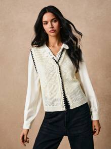 Poéselle Damski swobodny kontrastowy kolor wykończenia Hollow Knit sweter kamizelka na jesień