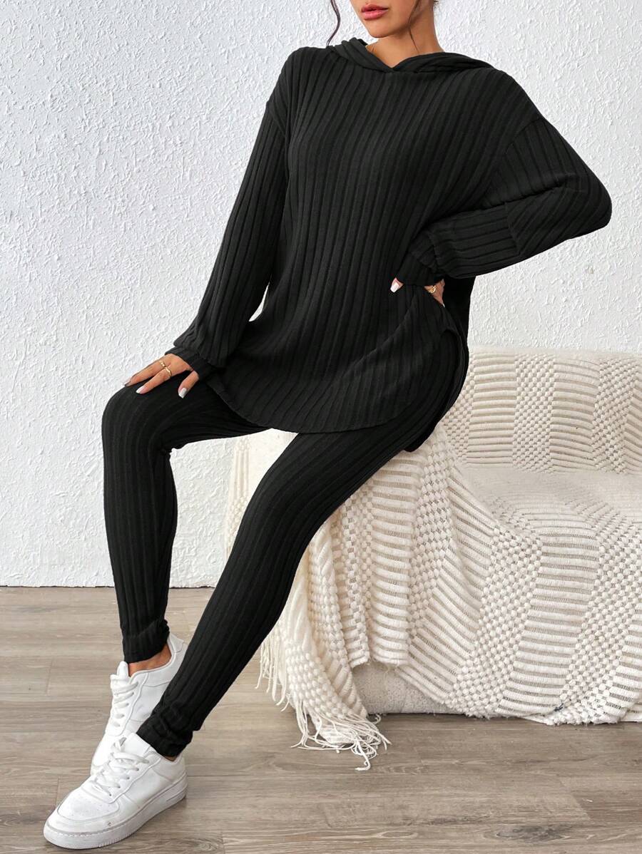 SHEIN Essnce Women Outfit Sets Black Velvet Sweatshirt Hooded Long-Sleeved Warm Tight Leggings Women's Casual Striped Hooded Top Leggings Winter - Black - View 1