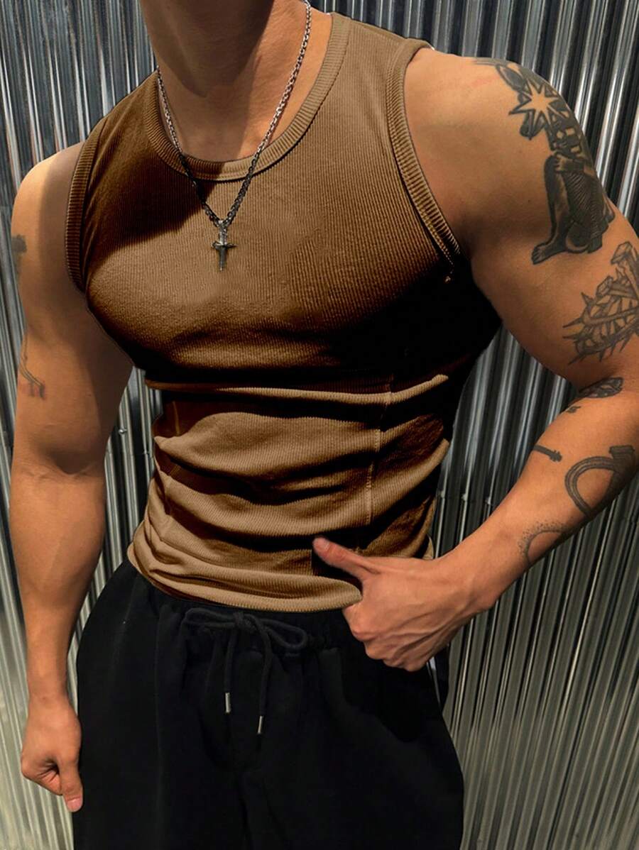 Manfinity Dauomo Męski jednolity kolor, okrągły dekolt, bezrękawnik, minimalistyczny, swobodny, codzienny krój - Brązowy - Zobacz 1