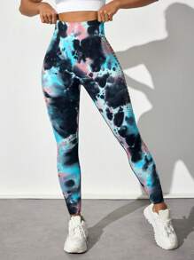 SHEIN Sport Studio Tie Dye Mesh High Waist Tight Yoga Leggings, Suitable For Yoga And Exercise