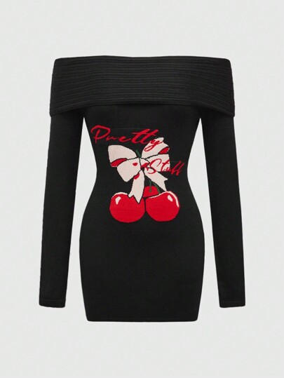 Kawaii Robe pull mini moulante à épaules dénudées taille marquée avec nœud papillon jacquard et motif cerise, pour femmes
