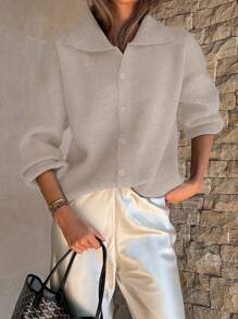 DAZY Áo khoác cardigan dài tay rộng rãi màu trơn cổ bẻ cho nữ, quần áo mùa thu cho nữ - Màu Khaki - Xem 1