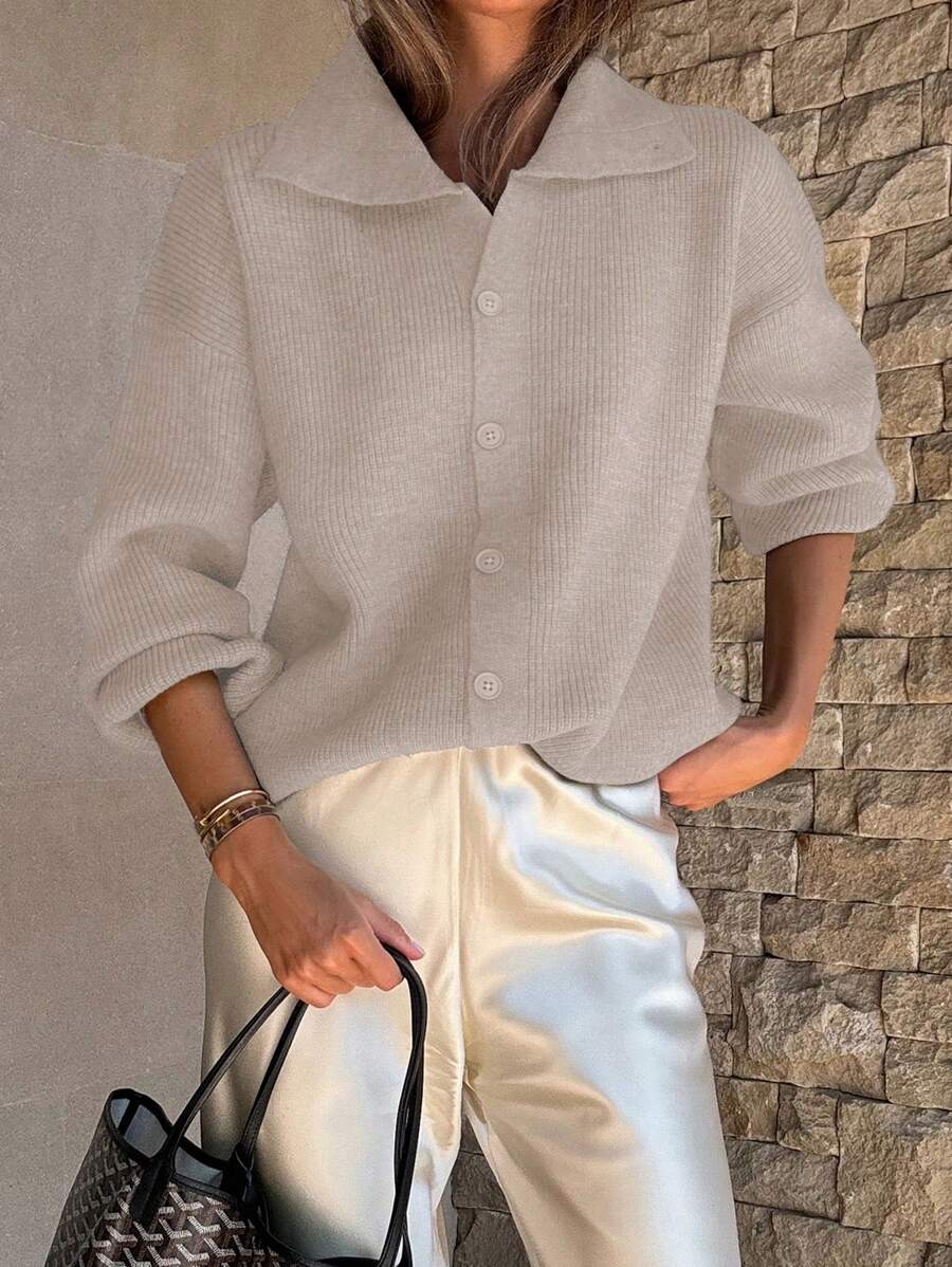 DAZY Áo khoác cardigan dài tay rộng rãi màu trơn cổ bẻ cho nữ, quần áo mùa thu cho nữ - Màu Khaki - Xem 1