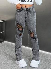 SHEIN SLAYR KIDS SLAYR KIDS 青少年女孩极简主义日常破洞牛仔裤，女孩休闲裤脚，斜口袋，破洞，紧身长款纯色水洗棉质紧身女孩牛仔裤，百搭，休闲日常街头服饰 - 灰色 - 查看 4