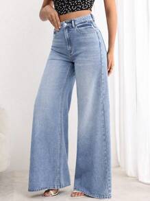 EMERY ROSE Women's Button Front Pocket Casual Loose Wide Leg Jeans - Light Wash - View 3