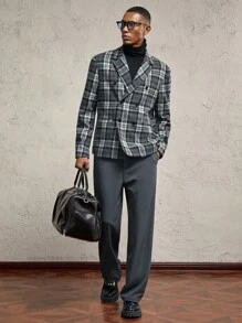Manfinity RebelGame 2pcs/Set Men's Grey Plaid Formal Blazer Suit,Summer Smart Casual Letter Embroidery Slim Fit Long Sleeve Woven Outfit For Office Autumn/Winter Wear - Dark Grey - View 2