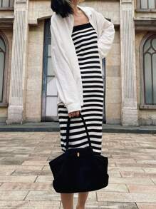 INAWLY 女式条纹长款紧身针织毛衣裙 - 黑與白 - 查看 6