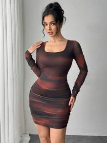 Firerie 女士时尚扎染褶皱迷你连衣裙，紧身款式，秋季 - 棕色 - 查看 6