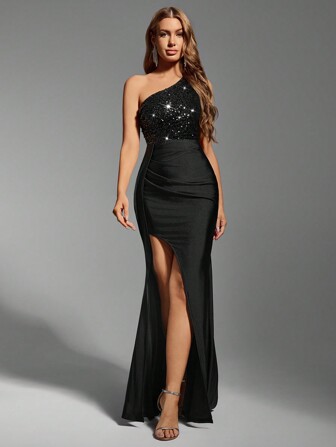 Glamine Vestido de verano con escote diagonal y aplicaciones de lentejuelas, plisado en la cintura alta y lateral, vestido elegante y largo para mujer