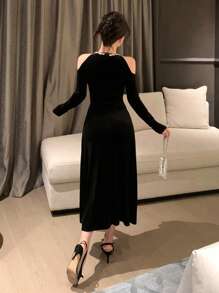 DAZY 女式露肩长袖水晶装饰连衣裙优雅秋装 - 黑色 - 查看 4