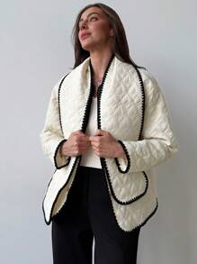 Aloruh Nueva chaqueta gruesa de color block con cuello de bufanda, bolsillos, para esquiar, pasear o salir, en diseño sencillo y liso - Beis - Ver 1