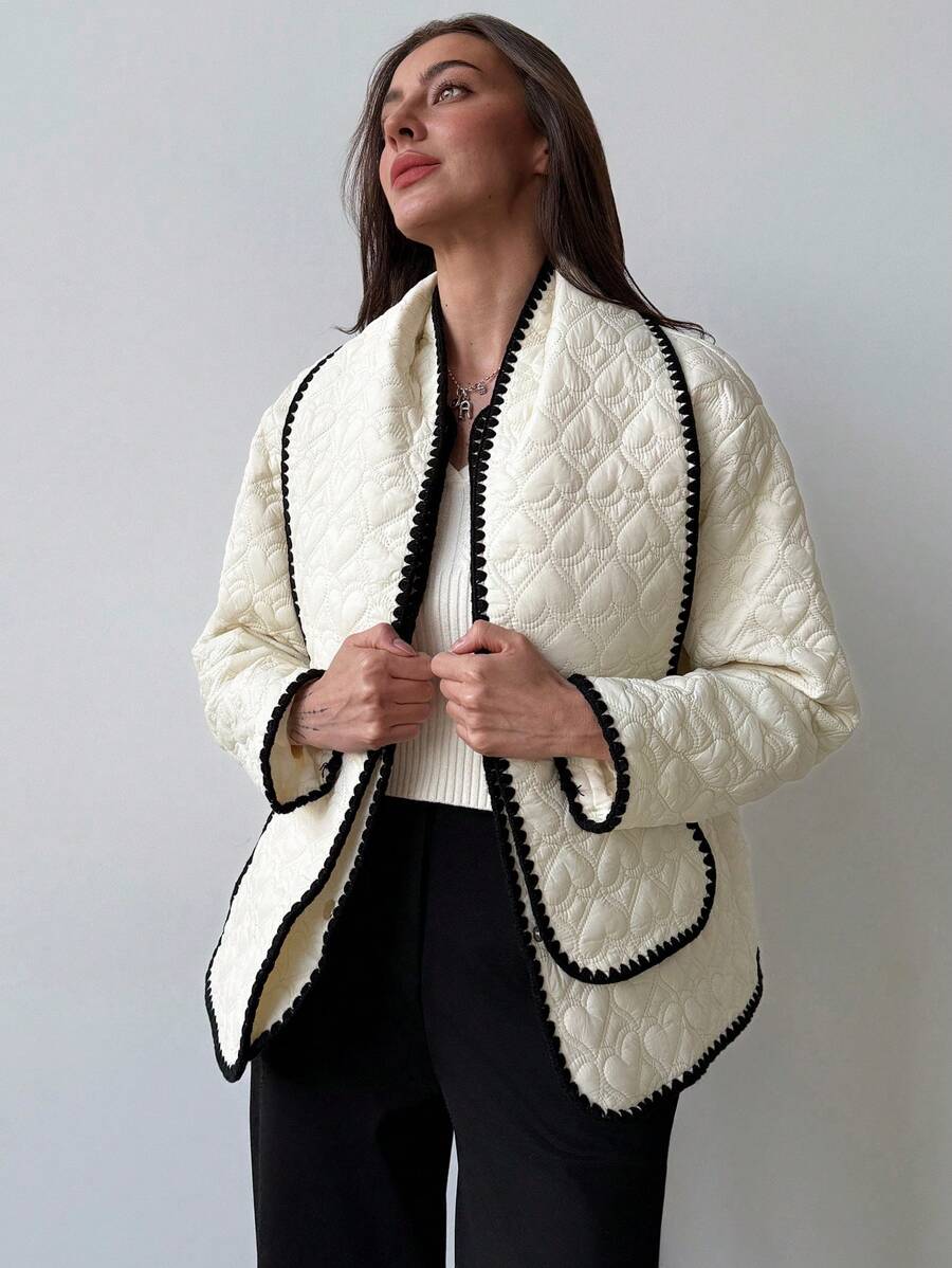 Aloruh Nueva chaqueta gruesa de color block con cuello de bufanda, bolsillos, para esquiar, pasear o salir, en diseño sencillo y liso - Beis - Ver 1